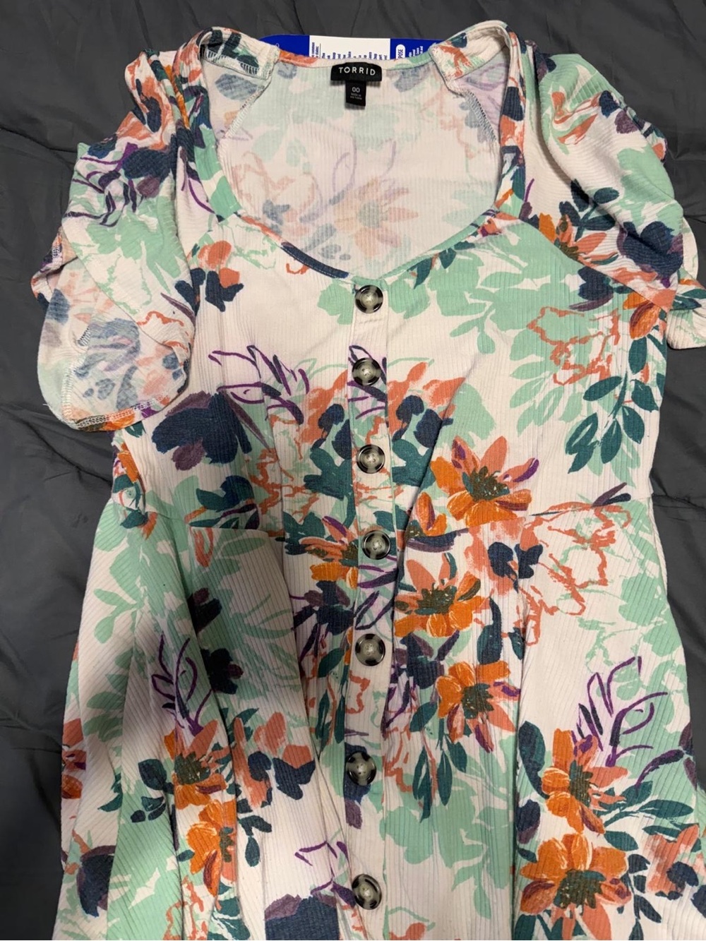 torrid Floral Button-Front Mint, Orange & Navy Short Sleeve Top